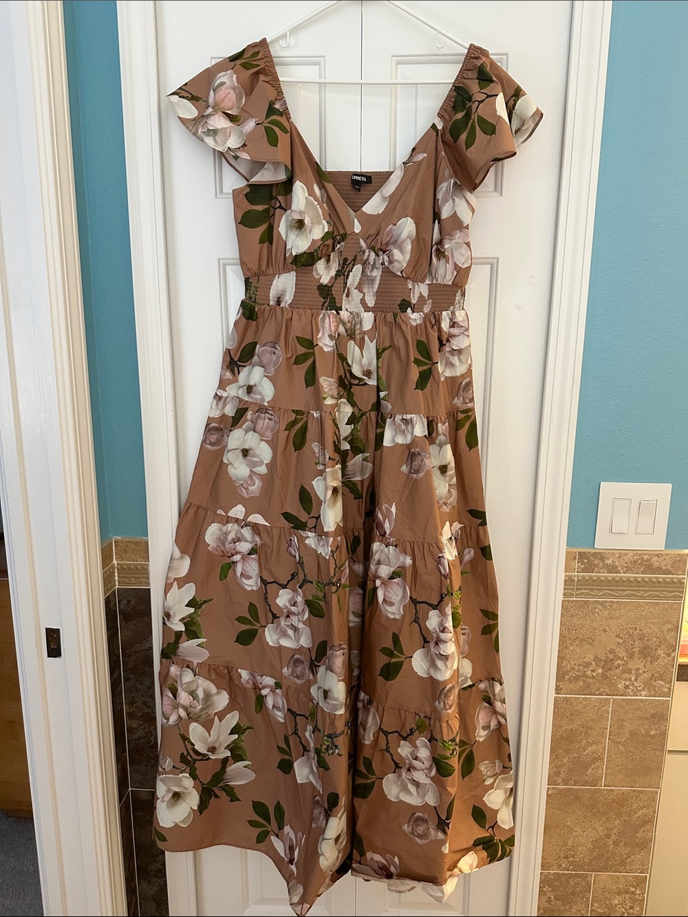 Express Floral V-Neck Midi Dress in Light Brown and White